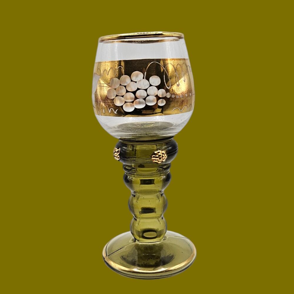 Vintage Hand Painted Gold Gilt Grape Motif Green Stem Cordial Wine Glass